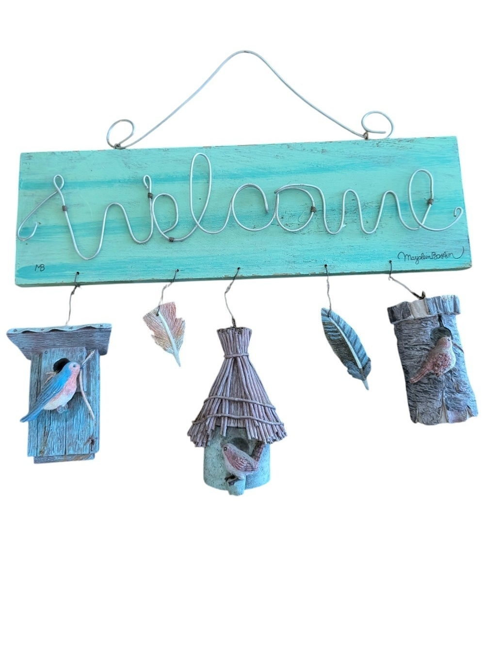 Welcome Hanging Wall Decor - Turquoise with Bird Accents